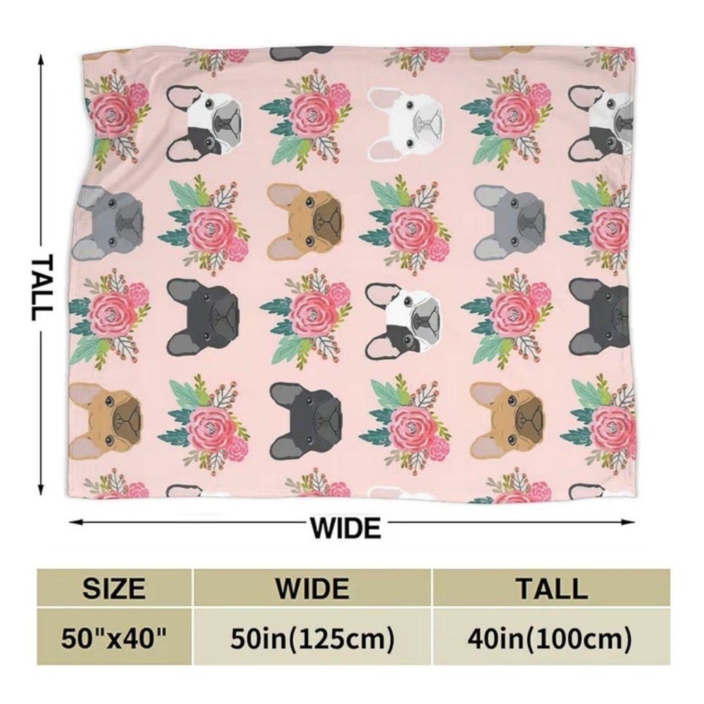 French Bulldog Pink Fleece Blanket 50x40 – Floral Dog Throw – Like New - Picture 2 of 5